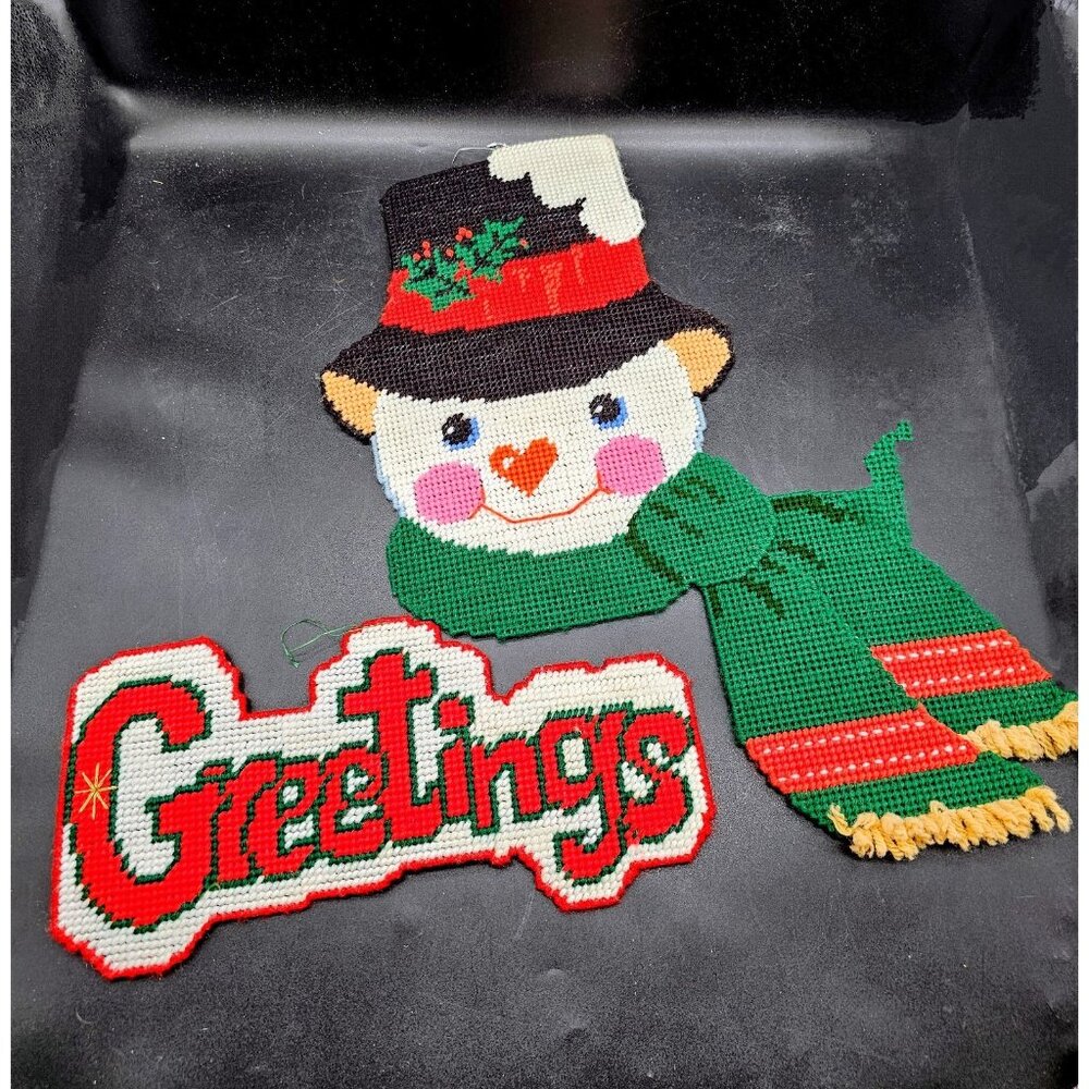 Vintage Needle Point Christmas Snowman And Greetings Holiday Wall Art Kitschy